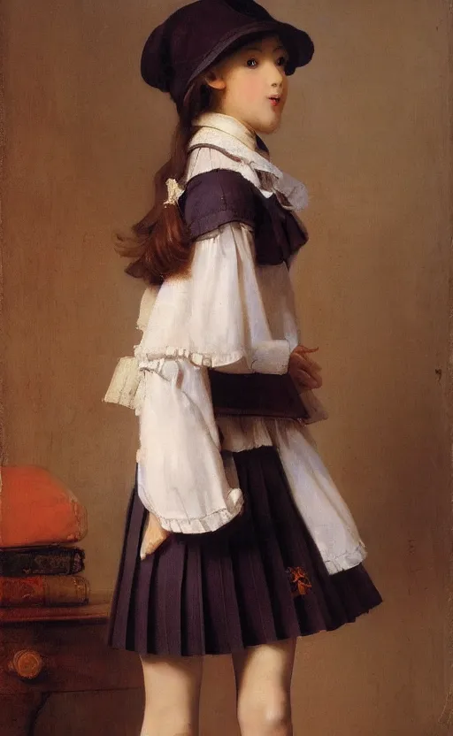 Prompt: school girl, school uniform, seifuku, pleated miniskirt, overknee socks, dollfie. by rembrandt 1 6 6 7, illustration, by konstantin razumov