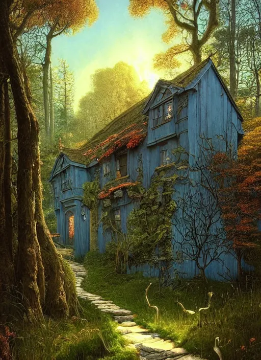 Image similar to hyper realistic homely ornate modern witch cottage distant down a path in the woods gorgeous lighting, blue sky, highly detailed, lush forest by zdzisław beksinski and norman rockwell and greg rutkowskiweta studio, and lucasfilm