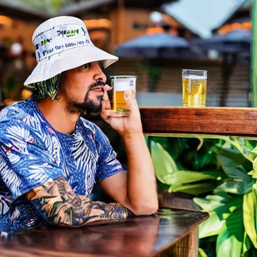 Image similar to a tiger wearing a bucket hat and a hawaii shirt sitting at an outdoor bar drinking a beer