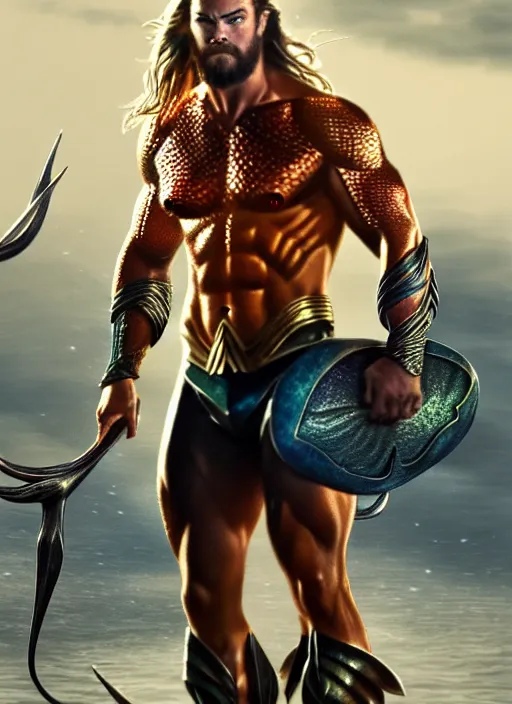 Image similar to chris hemsworth as aquaman, muscular, fantasy, intricate, elegant, highly detailed, digital painting, artstation, concept art, smooth, sharp focus, illustration, art by artgerm and greg rutkowski and alphonse mucha