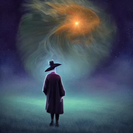 Prompt: a detailed picture in the style of harry potter of stars and a nebula shaped like a cow in a grassy field wearing a witch hat, cow wearing hat!!! viewed in profile and far away, fog in the background, ultrawide lens, aerial photography, black and blue color scheme with gold highlights, art by marco bucci and danny flynn, artstation, 8 k