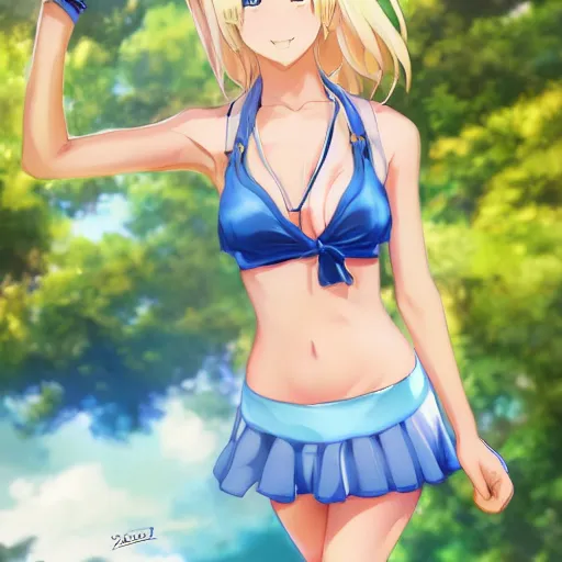 Image similar to full body shot : a very beautiful young blond tennis anime girl, sky blue eyes, smug, bikini, white miniskirt, highly detailed, cinematic wallpaper by stanley artgerm lau