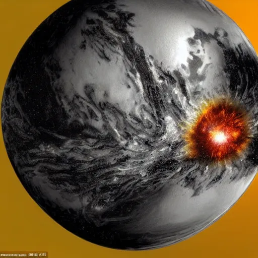 Prompt: concept art of a planet seen from space where atomic explosions are erupting over the entire planet