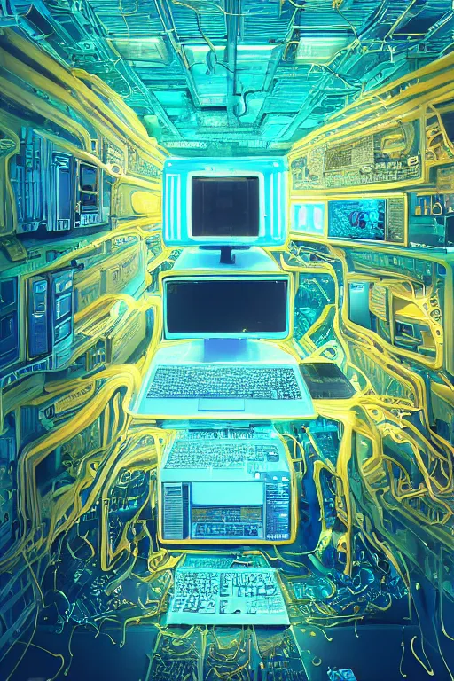 Image similar to Digital art, very highly detailed Haker that haking, siting inside the giant very highly detailed computer, by Beeple very highly Detailed by Guy Bourdin and Reka Nyari,on Pentax 67, Kodak Portra 400, soft Cyan Gold light, The Golden Ratio from the distance