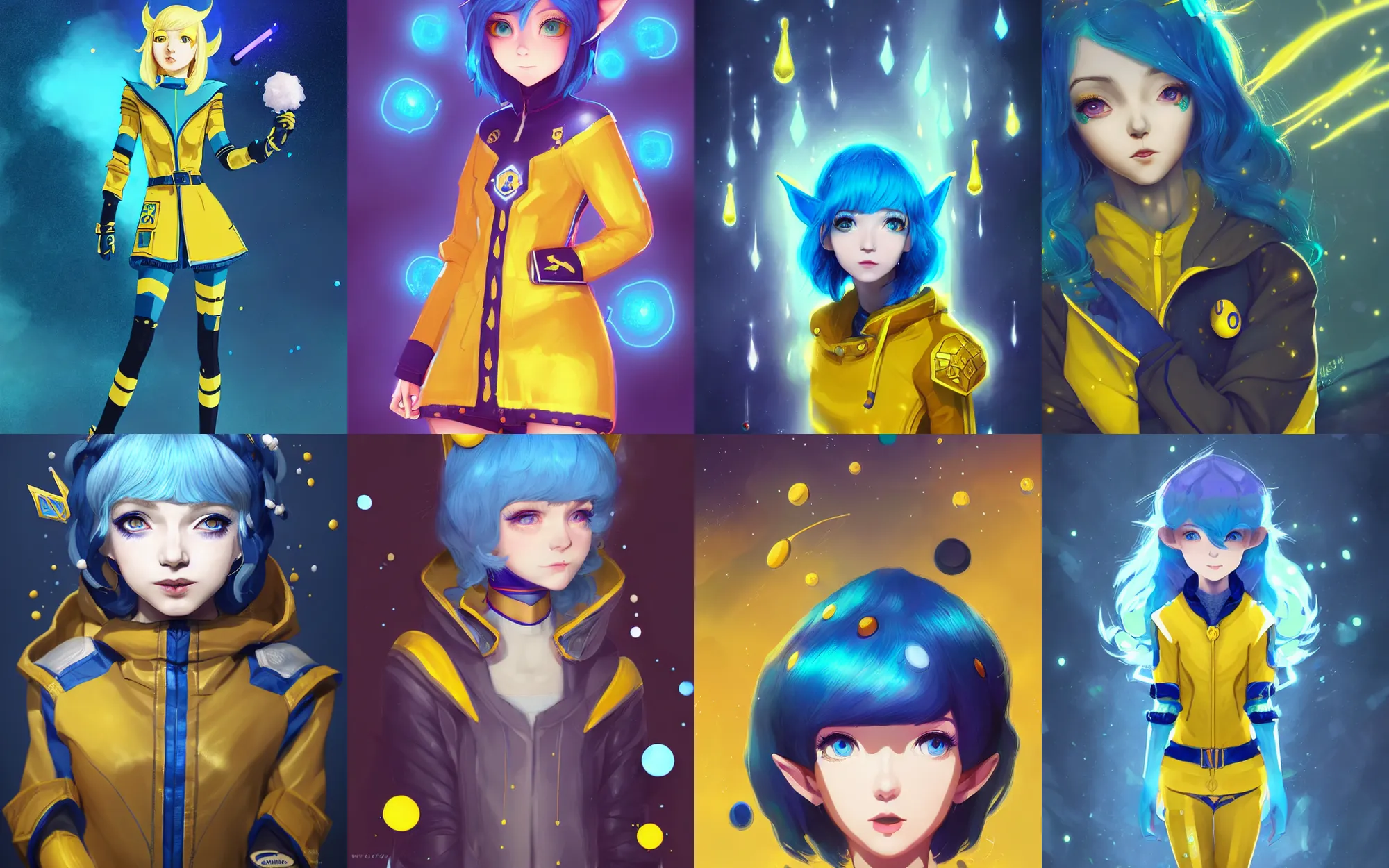 Prompt: league of legends portrait of a blue haired elf girl with a bob haircut with white freckles wearing a yellow raincoat reminiscent of a spacesuit covered in badges by wlop and kuvshinov, digital art, cinematic lighting, symmetric