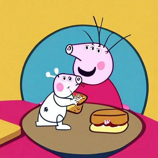 Image similar to Pope Peppa Pig eating a ham sandwich colorized archival footage