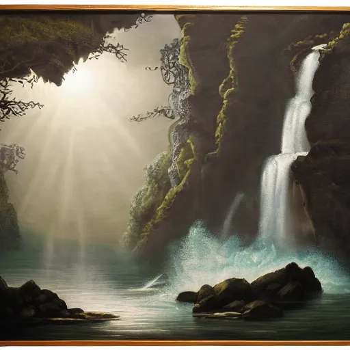 Prompt: oil painting of a dragon flying in the air near a cave with a waterfall in the center, light emanating from the waterfall leading to a big pool of water, dragon has black and white siberian tiger stripes, elegant, sharp focus, wide shot, clear, detailed, early renaissance