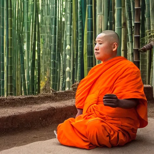 Image similar to a high quality photo of a panda monk, wearing orange clothes, meditating, sitting in front of a temple. bamboo forest in the background.