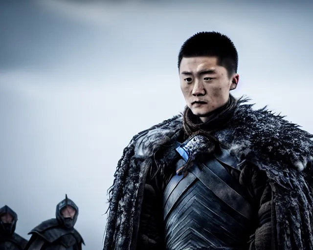 Prompt: justin sun as night king in game of thrones inside large clear ice teardrop, crimson - black bee army behind, 4 k, epic, cinematic, focus, movie still, fantasy, extreme detail, atmospheric, dark colour, sharp focus