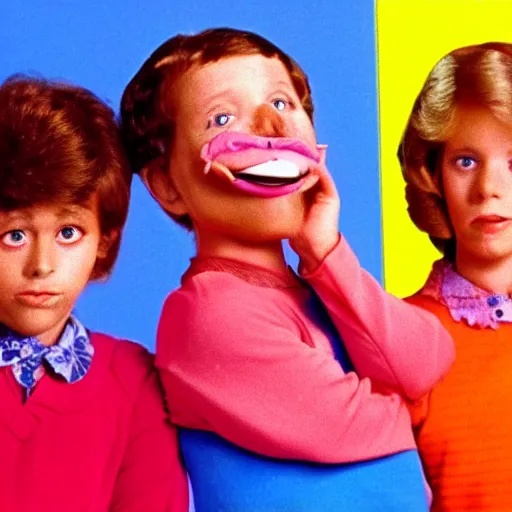 Prompt: still from1983 children's tv show about humans wearing digestive organs color