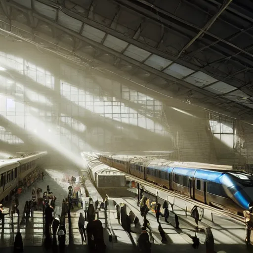 Image similar to an cavernous and expansive train terminal, sun rays coming in through windows, smoky and dusty air, people in a train station, photograph by hal morey, featured on cg society, light and space, volumetric lighting, matte drawing, cinematic, moody, dramatic, global illumination