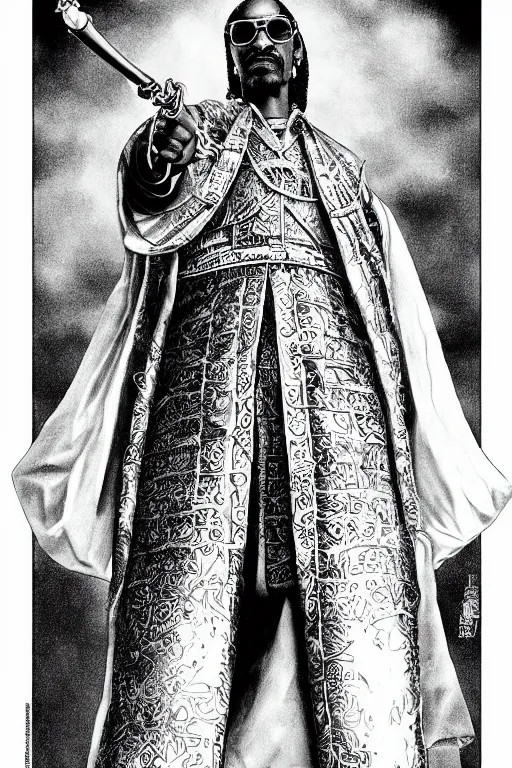 Image similar to Snoop Dogg as a knight, highly detailed, black and white, manga, art by Kentaro Miura