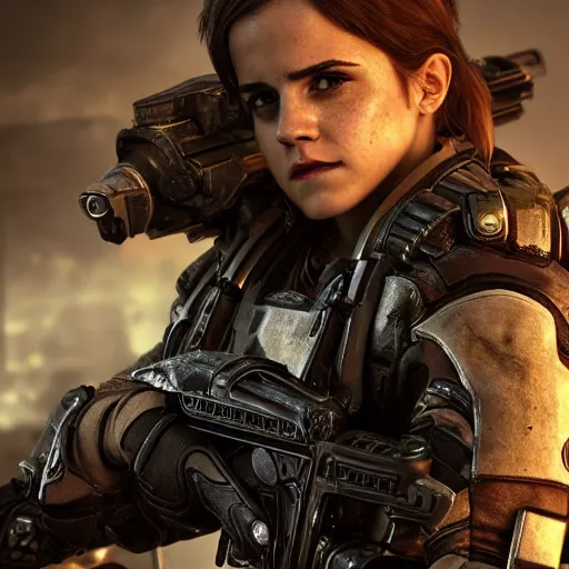 Image similar to emma watson in gears of war, splash art, movie still, cinematic lighting, dramatic, octane render, long lens, shallow depth of field, bokeh, anamorphic lens flare, 8 k, hyper detailed, 3 5 mm film grain