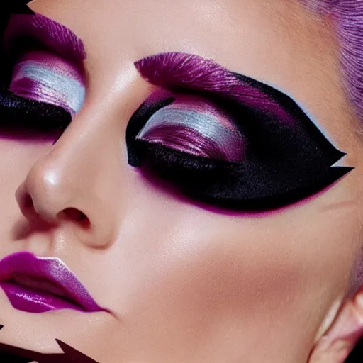 Image similar to Lady Gaga posing for a makeup shoot wearing geometric makeup, dramatic lighting