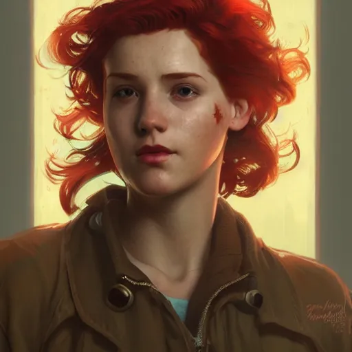 Prompt: Half portrait of a young woman with red hair as a character in Fallout 4 walking in Boston City, gorgeous, beautiful, intricate, highly detailed, digital painting, artstation, oppressive lighting, concept art, sharp focus, illustration, art by greg rutkowski and alphonse mucha