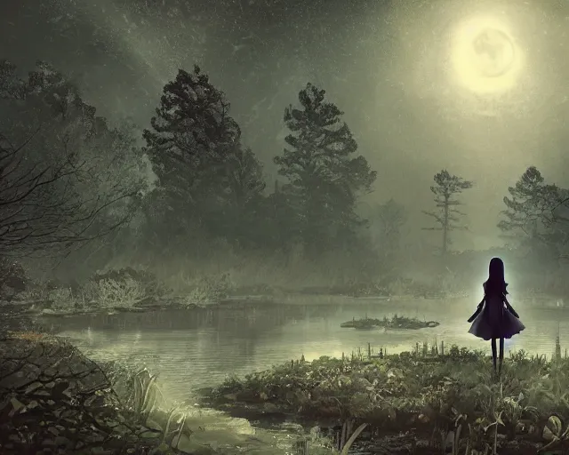 Image similar to goth woman in a moonlight view, in a forest, a river, tankoban, 4 k, tone mapping, akihiko yoshida, james jean andrei riabovitchev marc simonetti, yoshitaka amano, long hair, curly, h. hydrochaeri