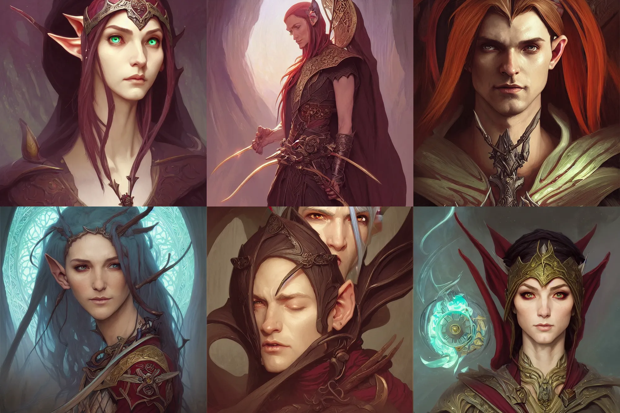 Prompt: “portrait of an elf archmage, painted fantasy character portrait, D&D, highly detailed, digital painting, artstation, concept art, sharp focus, smooth, illustration, art by artgerm and greg rutkowski and alphonse mucha and craig mullins and James Jean and Andrei Riabovitchev and Marc Simonetti and peter mohrbacher”