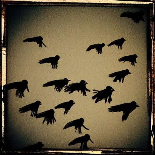 Image similar to “a flock of crows attacking people”