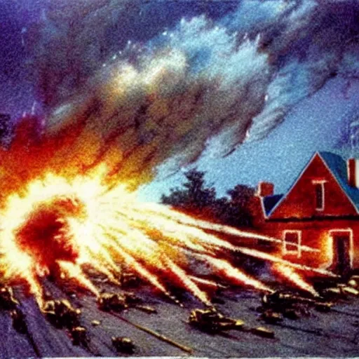 Image similar to color photo from the 80s, the shelling of a house in New York by Soviet soldiers, epic style, a bunch of explosions, realistic style