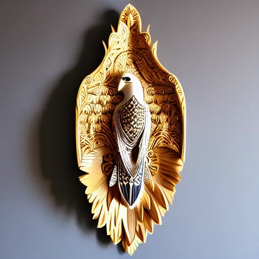 Prompt: gorgeous ornated wooden realistic detailed sacred falcon wall decoration with golden filigree carved out of ivory
