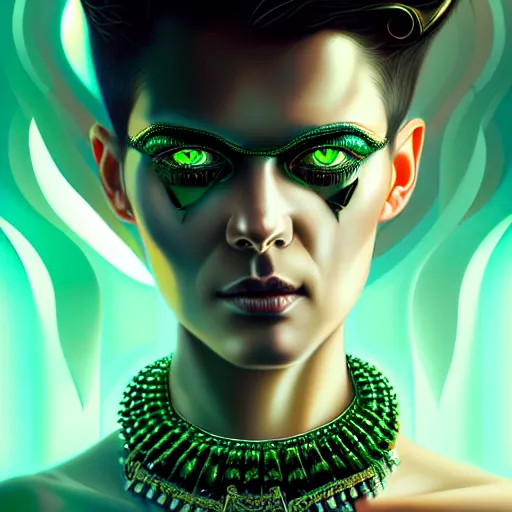 Image similar to woman with extremely large and intricate haircut with angry green eyes and slim features looking askance, eye cyberpunk bionics, retro futurist style, intricate, elegant gleaming intricate baroque jewelry, angelic halo, highly detailed, digital painting, artstation, concept art, smooth, sharp focus, illustration, art by wlop, mars ravelo and greg rutkowski,