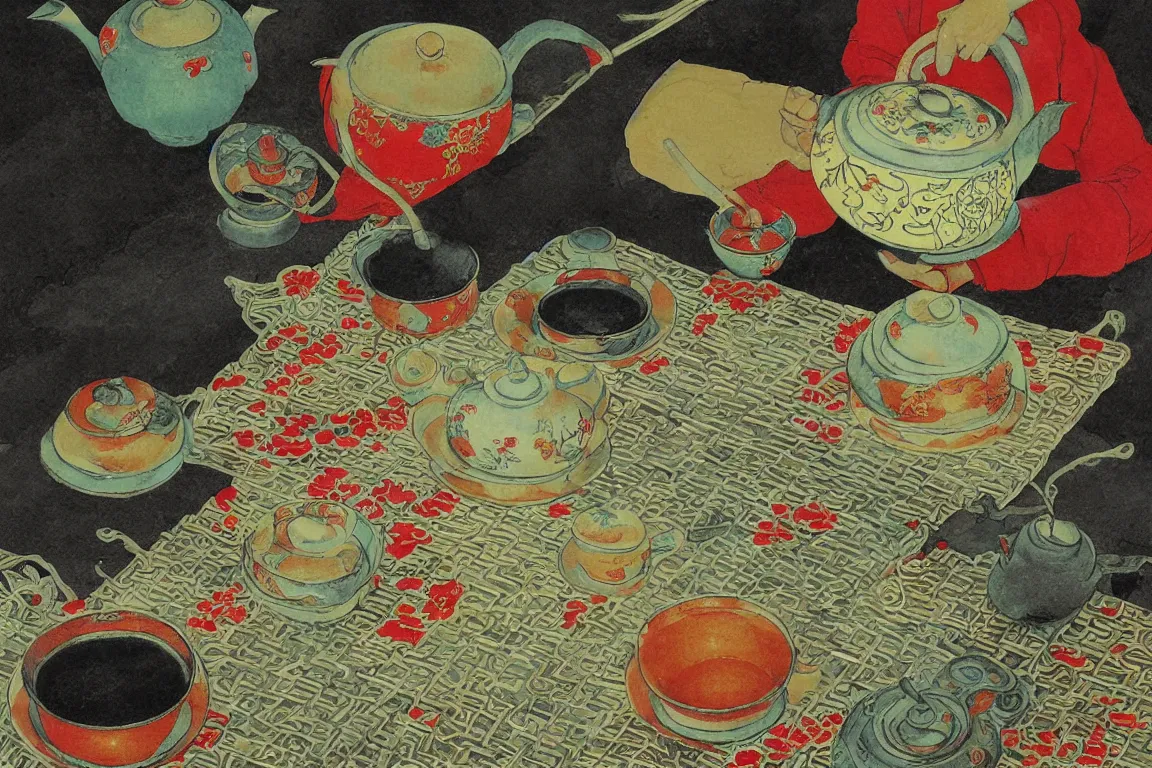 Prompt: leaves Tea pot Tea kettle Chinese tea ceremony gaiwan Vast Alone River stream sound of the river Steaming tea Tea kettle boiling water Small charcoal fire Landscape near a jungle river stream drinking tea using the chinese tea ceremony Dull, Luminous, bright emphasize diagonals, diagonals perspective high quality details 3d signed painting in the art style of Victor Nizovtsev and Zdzislow Beksinski