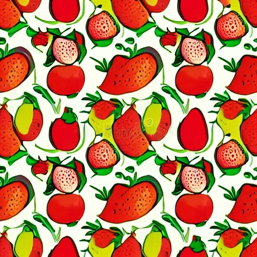 Image similar to fruit illustration, repeating pattern, light tan background, simple illustrative