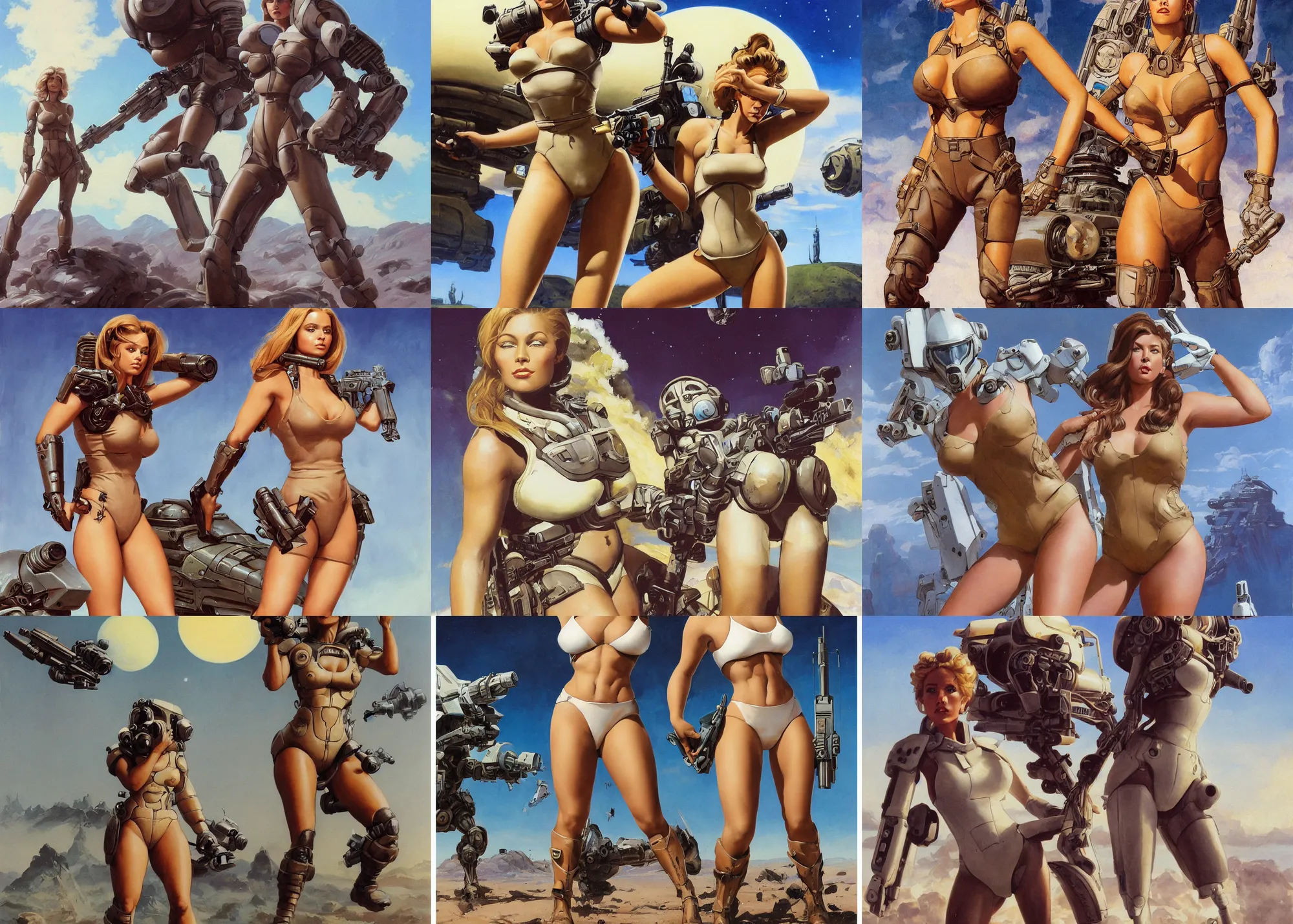 Image similar to A mixed media portrait painting of a very beautiful light-brown-haired woman on an alien planet, very curvy, aesthetic! high-waisted white-bikini-armor and boots, starship-troopers-rifle, aesthetic symmetrical face and eyes, model, wet, pacific-rim-mech in background, by Frank Frazetta, Boris Vallejo, Beeple, Greg Rutkowski, Christian MacNevin, eighties pinup style, epic fantasy character art, high fantasy, CGsociety, exquisite detail, post-processing, masterpiece, cinematic