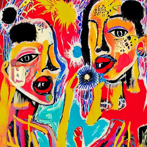 Image similar to acrylic painting of two bizarre psychedelic women kissing in japan in summer, speculative evolution, mixed media collage by basquiat and jackson pollock, maximalist magazine collage art, sapphic art, psychedelic illustration