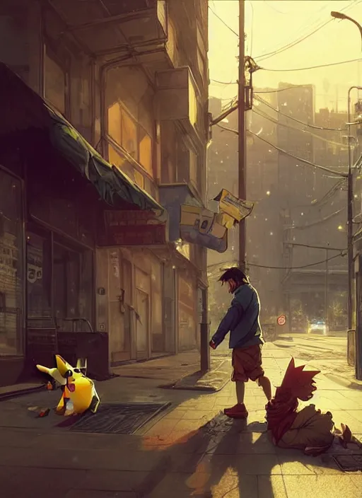 Image similar to Highly detailed portrait of homeless and beaten up Pikachu, in GTA V, Stephen Bliss, unreal engine, fantasy art by Greg Rutkowski, Loish, Rhads, ferdinand knab, Makoto Shinkai and Lois van baarle, ilya kuvshinov, rossdraws, Tom Bagshaw, alphonse mucha, global illumination, radiant light, detailed and intricate environment