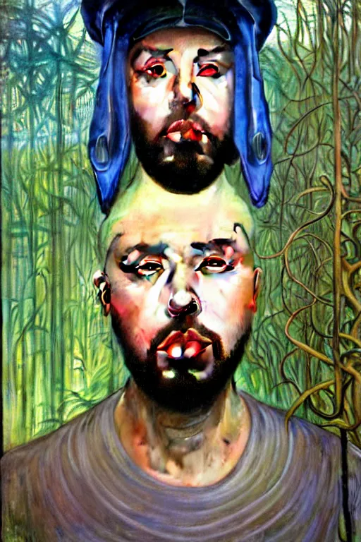 Prompt: realistic detailed face portrait painting of the Rapper SIDO with sci-fi headwear, futuristic sci-fi forest on background by Jean Delville, Amano, Yves Tanguy, Alphonse Mucha, Edward Robert Hughes, Roger Dean, rich moody colours, blue eyes