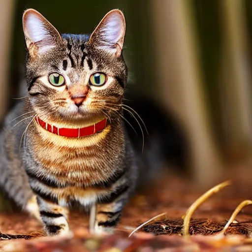 Prompt: closeup of a cat in a forest about to eat a worm, backlit, macro shot, golden hour, low angle