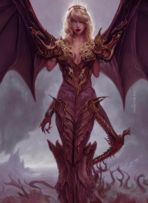 Image similar to Taylor swift demon dragon queen, Ivan Aivakovsky, Boris Vallejo, epic fantasy character art, D&D Concept Art, full length, Realistic, Regal, Refined, Detailed Digital Art, Oil Paining, Exquisite detail, post-processing, masterpiece, Cinematic Lighting, Unreal Engine, 8k, HD, Stanley Artgerm Lau, WLOP, Rossdraws, Frank Frazetta, Andrei Riabovitchev, Marc Simonetti, trending on artstation