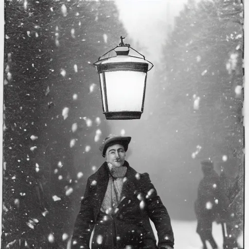 Image similar to a man holds a lantern, snowstorm, cold, vintage photo