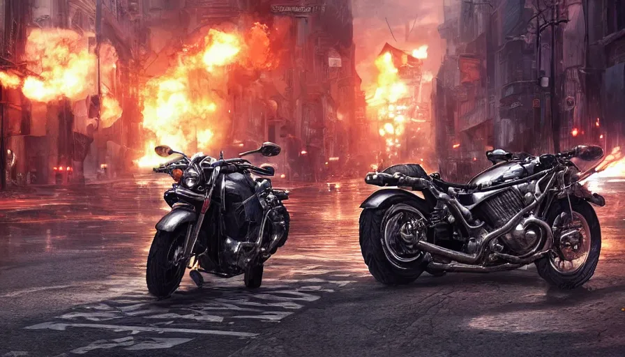 Image similar to a highly detailed epic cinematic concept art CG render digital painting artwork: powerful motorcycle design in the streets of fire movie 8k