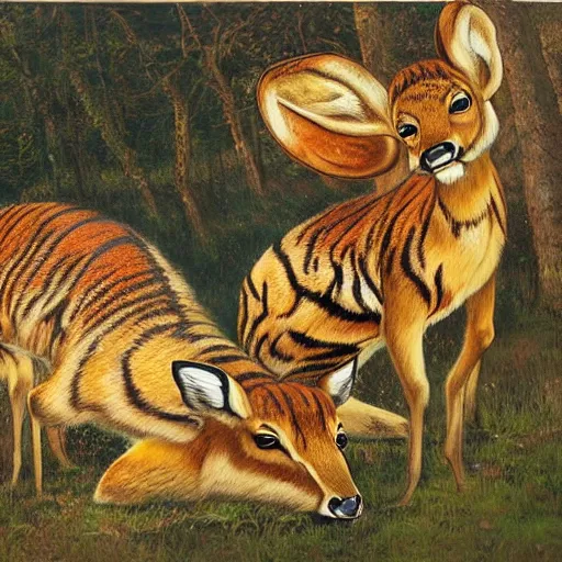 Image similar to a painting of deer in tiger skin and tiger in deer skin facing each other, their heads bowed towards ground by esao andrews