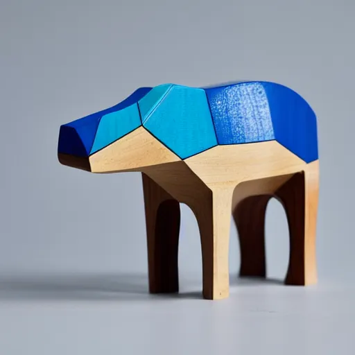 Prompt: a beautiful!!!!! minimalist curvy shaped small sculpture of hippopotamus!!!, ( ( wood ) ) and ( ( blue epoxy ) ), cubic blocks mix stripes cuts, side view profile centered, curves design, minimal, ambient, wood r