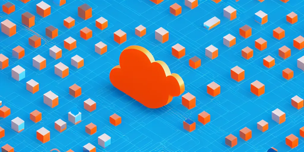 Prompt: Cloud servers, network, isometric view from above. Minimalistic design, contemporary design, infographics. Logo, Abstract Design. Blue, cyan and orange palette. Vivid, 8K, Epic, Masterpiece