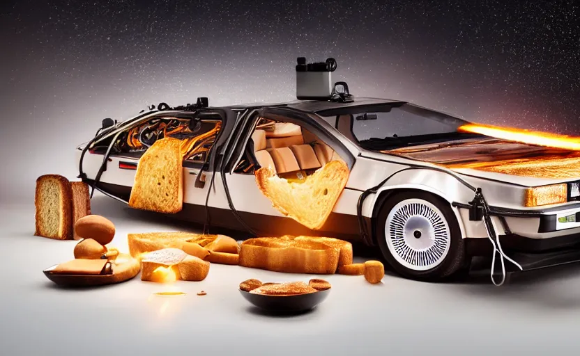 Image similar to a time-traveling delorean styled toaster with toast, bread inserted into slot, glowing heating coils, stainless steel, professional product shot, magazine ad