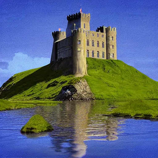 Image similar to Irish castle on an island, digital art, vintage pulp art