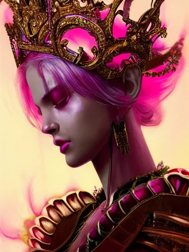 Prompt: pink portrait of young beautiful female angel queen head wearing shiny pink crown, subtle purple accents, hyper details, black metal rococo, sculpted by Alex Alice, Craig Mullins, yoji shinkawa, trending on artstation, beautifully lit, Peter mohrbacher, hyper detailed, insane details, intricate, elite, elegant, luxury, ray of light through smoke, CGsociety, hypermaximalist, golden ratio, background urban cityscape, night, neofuture, volumetric, octane render, weta digital, micro details, 3d sculpture