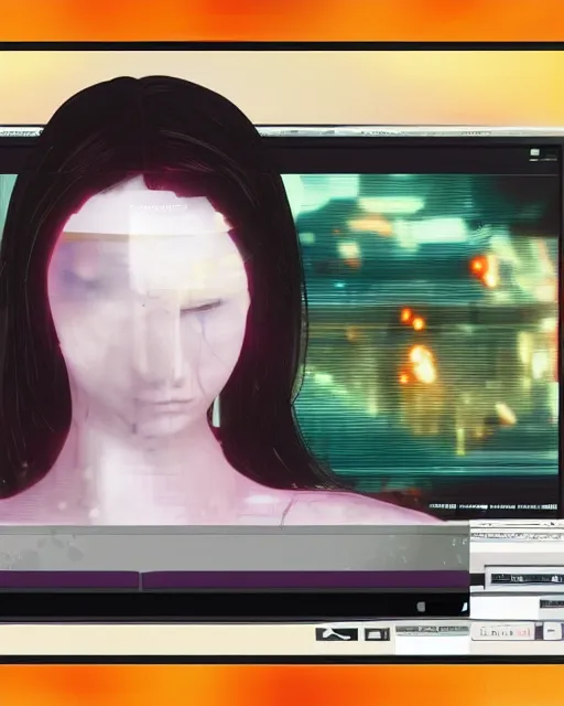 Image similar to A broken monitor with the calm face of an android woman on it. Very very very strong glitches and scanlines effect on the monitor. The monitor is cracked. The face is blurry with glitches. Extremely high detail, glitchcore, glitches, glitch, cyberpunk, 8k render