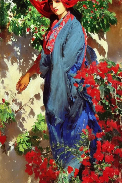 Image similar to portrait of persian girl with arabesque red and blue detailed scarf near bougainvillea and mexican fan palms, painting by john singer sargent