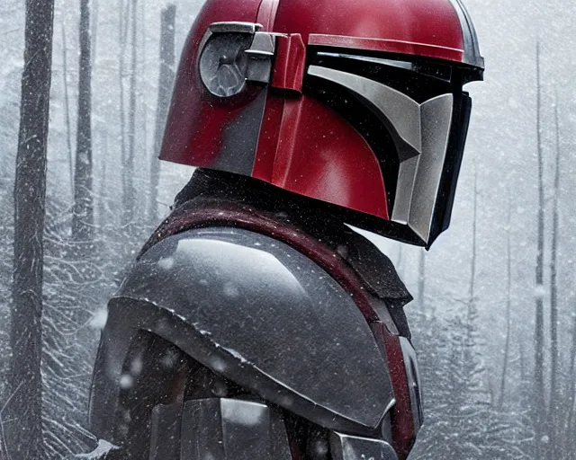 Image similar to a mandalorian with a red and grey helmet facing a long dark haired man, from side view close up, in a snowy forest setting, hard edges concept art, highly detailed, great cinematic lighting, 8 k, depth of field, 3 d, art by greg rutkowski, trending on artstation, cinematographic shot