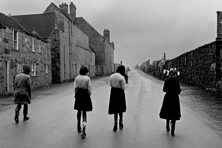 Prompt: three people walking in an empty street in a remote Scottish village on a cloudy morning during the pagan feast of the wicker man, photojournalism, 1967, photorealism, very realistic, in the style of Midsommar, 50mm lens, Kodak 5219 film