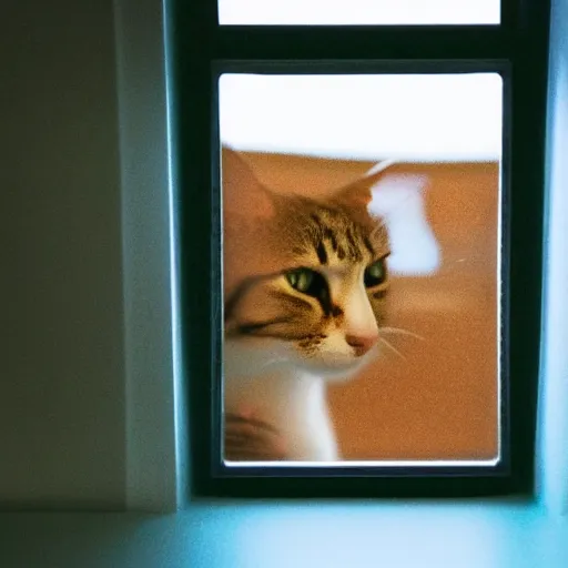 Prompt: photo of a cat watching martian terrain inside a window