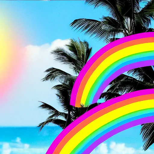 Prompt: miracle musical Hawaii part ii album cover, showing an ocean in the background, spiral transparent stairs on the left with tall palm trees behind it, a slight rainbow in the background, white outline border, moon in the right top area black and white except for the rainbow album cover with rainbow text in the middle reading Hawaii part ii