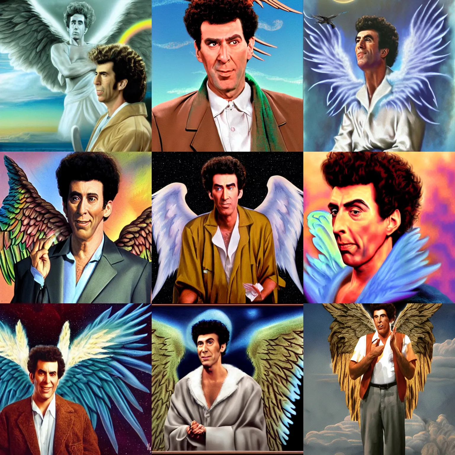 Prompt: A beautiful matte painting of Cosmo Kramer with angel wings