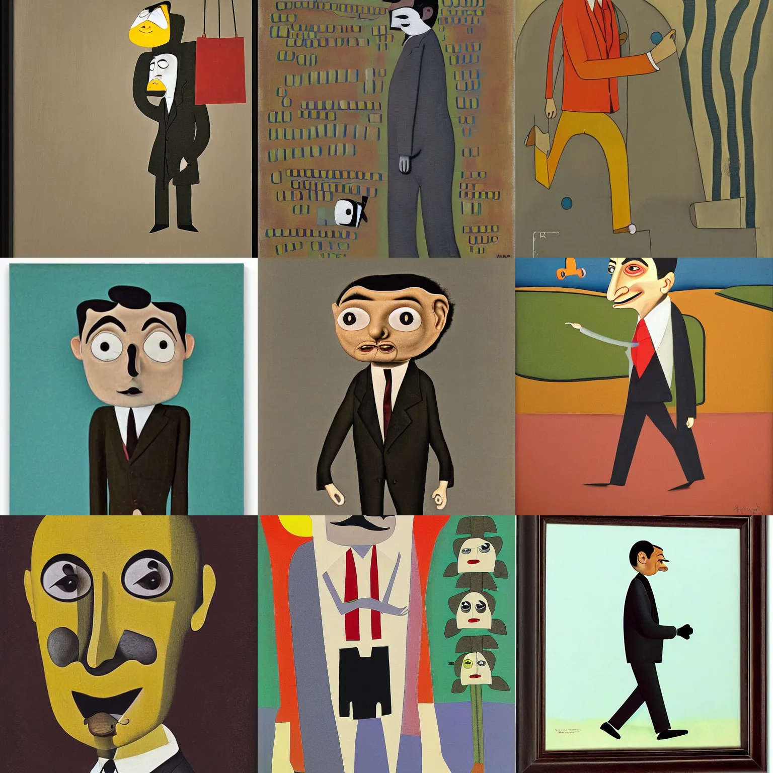 Prompt: mr. bean walks down a street on a sunny day by victor brauner