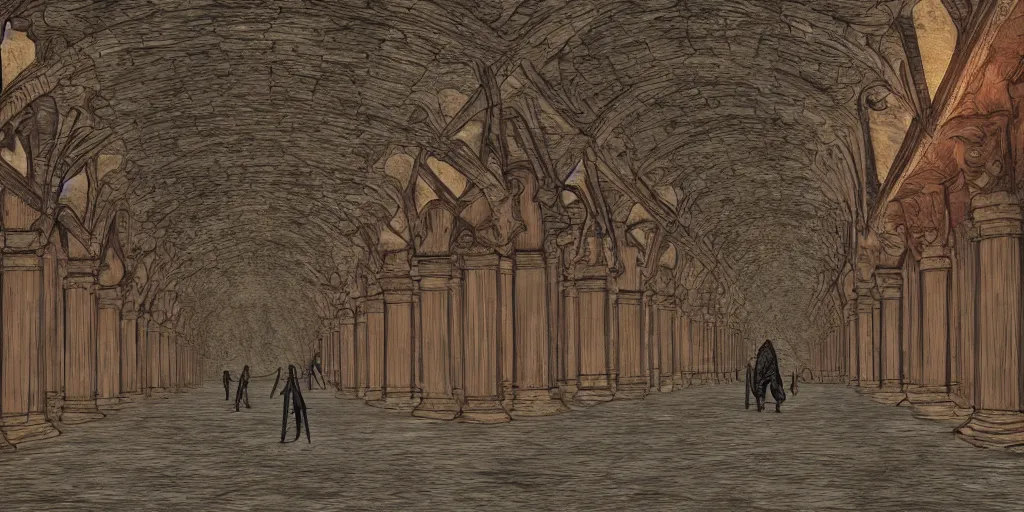 Image similar to fantasy demon walk through a monumental extremely large hall, long shot, digital art